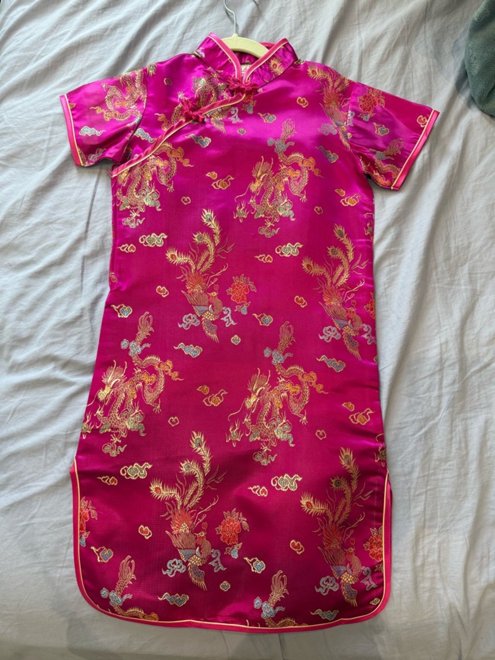 Girls' traditional Chinese Qipao Hot Pink Satin Dragon PrinDress